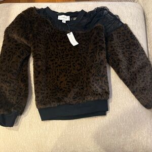 Anthropologie Maeve Brown Leopard Print Fuzzy Sweater with pretty sheer shoulder